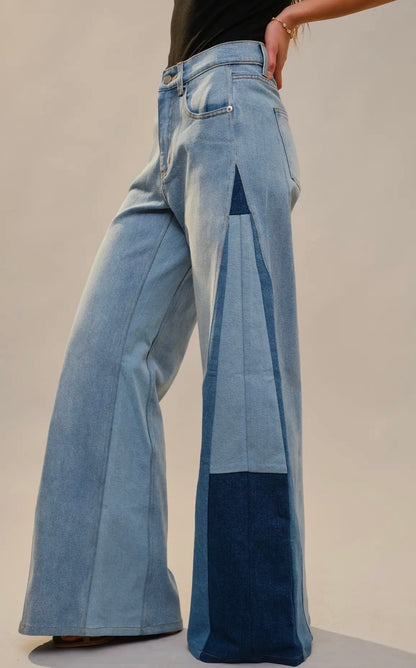 High Rise Wide Leg Color Block Jeans
