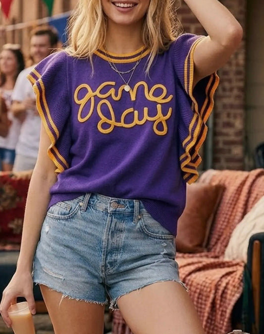 Varsity Game Day Ruffle Sleeve Knit Top-Purple
