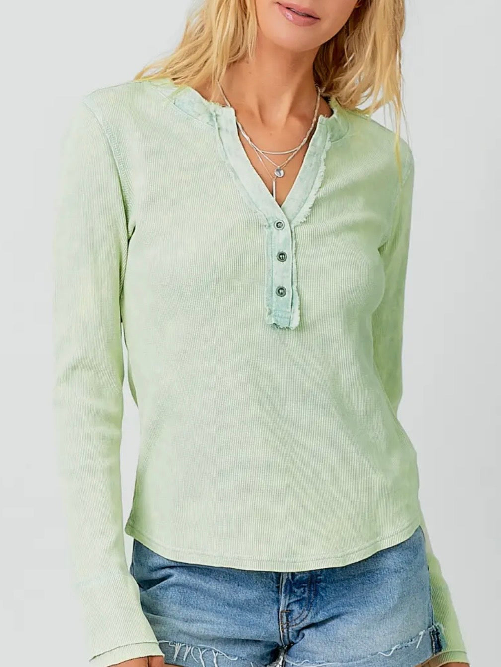 Pistachio Washed Thermal Raw Edge Henley Top