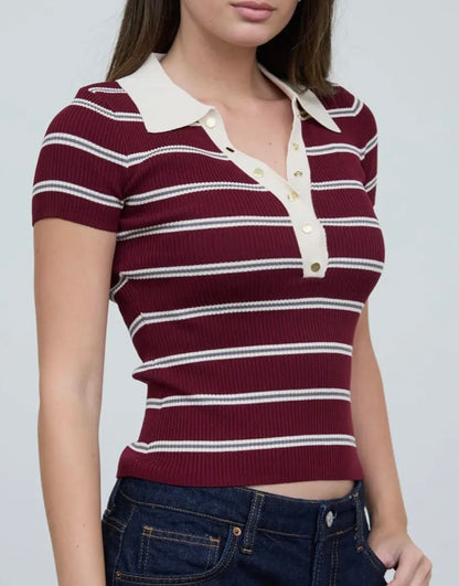 Multi Striped Ribbed SS Polo Top