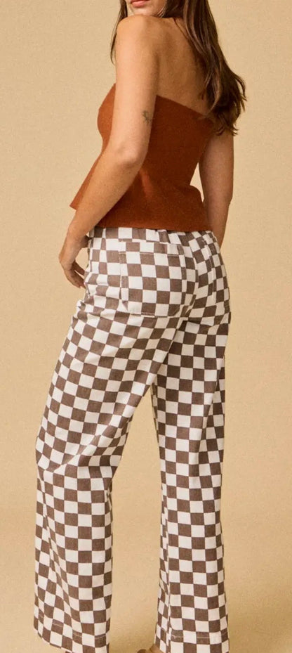 Checkerboard Wide  Leg Denim-Taupe