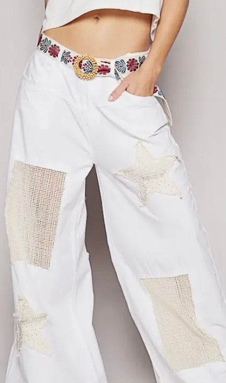 Vintage Washed Crochet Star Patch Off White Pants