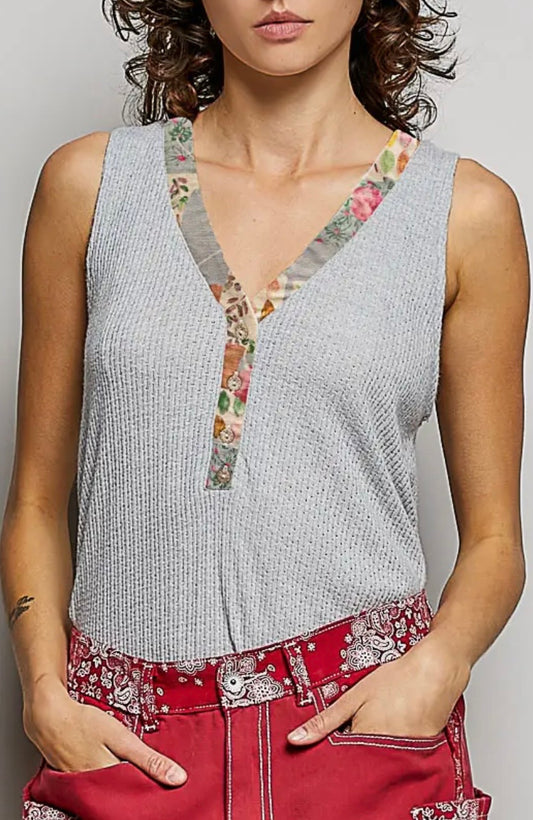 Dove Gray/Floral Trim V-Neck Textured Tank