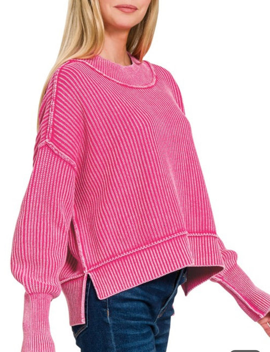 Hot Pink Two Tone Raw Edge Sweater