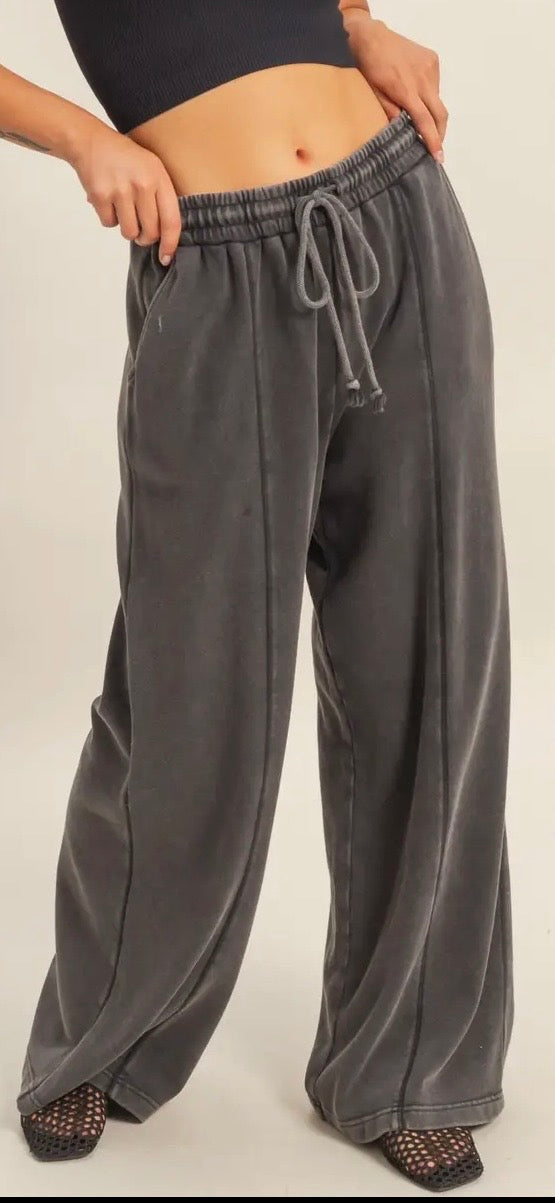 Black Acid Wash French Terry Wide Leg Pants