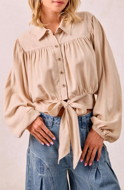 Boho Oatmeal Tie Hem Top