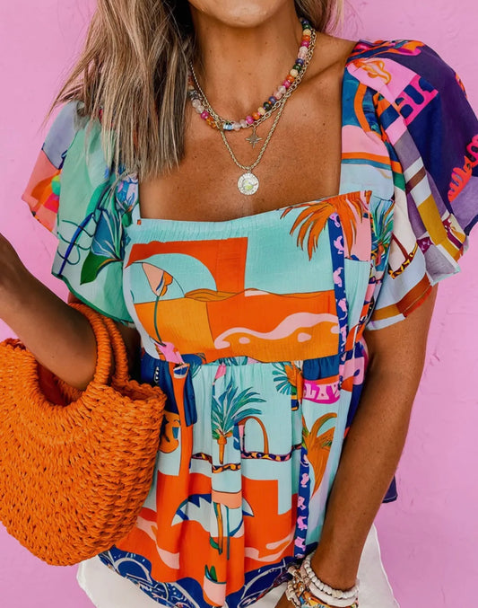 Tropical Baby Doll Top With Flutter Sleeves