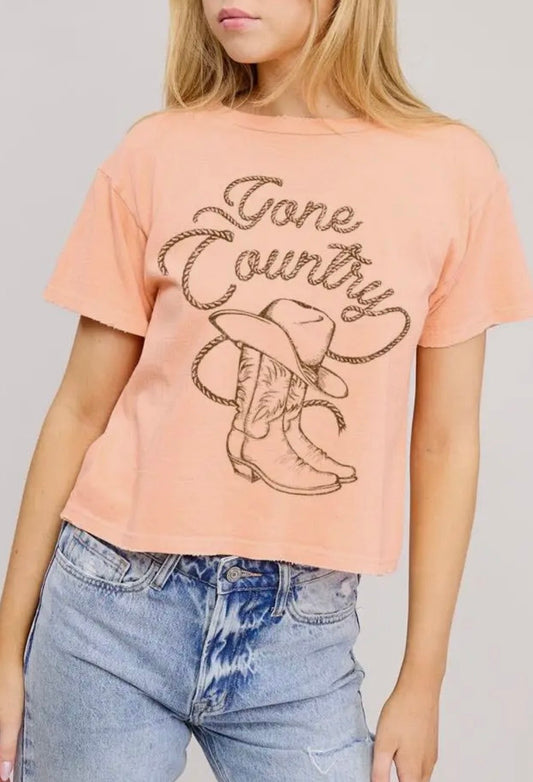Gone Country Graphic Faux Crop Tee-Peach