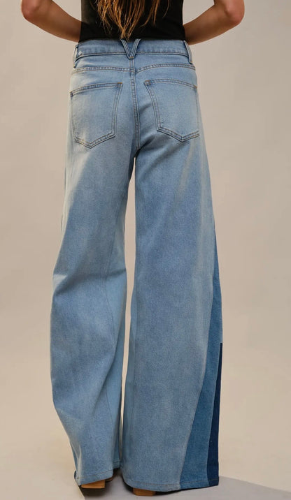 High Rise Wide Leg Color Block Jeans