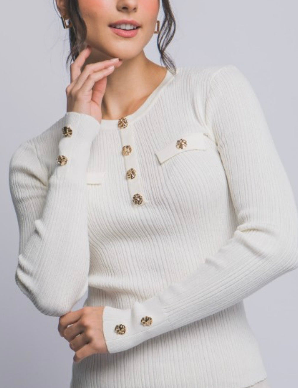 Ivory Ribbed Knit Top W/Gold Buttons