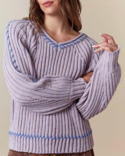 Lavender Sweater With Chunky Blanket Stitch Accent