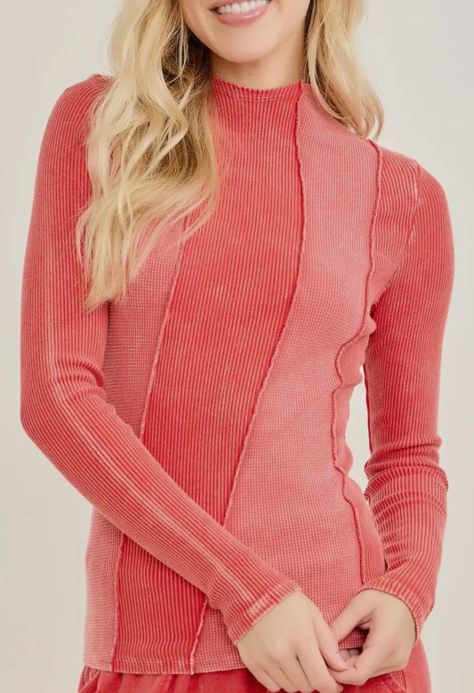 Mineral Washed Ribbed Thermal Panel Mock-neck Top