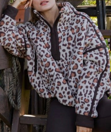Sherpa Mock Neck Quarter Zip Jacket-Animal Combo