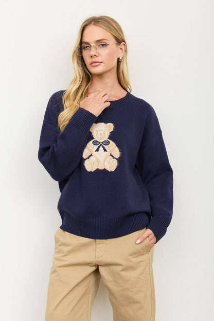 TEDDY JACQUARD CREW NECK KNIT PULLOVER SWEATER: CHARCOAL
