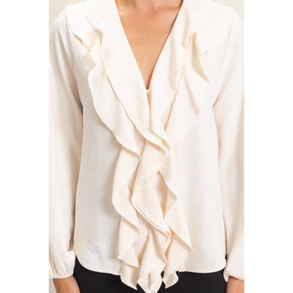 Ruffled V-Neck Button-Up Blouse: ALPACA / S-M-L(2-2-2)