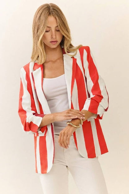 Vertical Stripe Relaxed Blazer: TOMATO WHITE / M