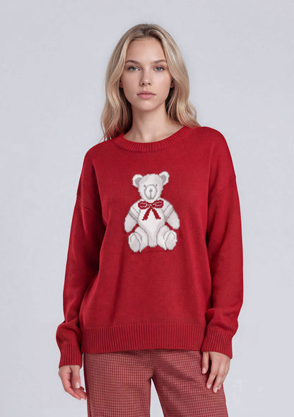 TEDDY JACQUARD CREW NECK KNIT PULLOVER SWEATER: CHARCOAL