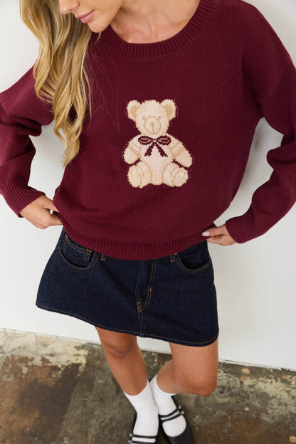 TEDDY JACQUARD CREW NECK KNIT PULLOVER SWEATER: CHARCOAL