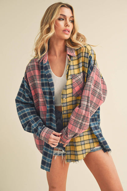 8316DN  Neela Multi Color Plaid Flannel Shirt 1: Blue/Pink/Yellow / Contemporary / M