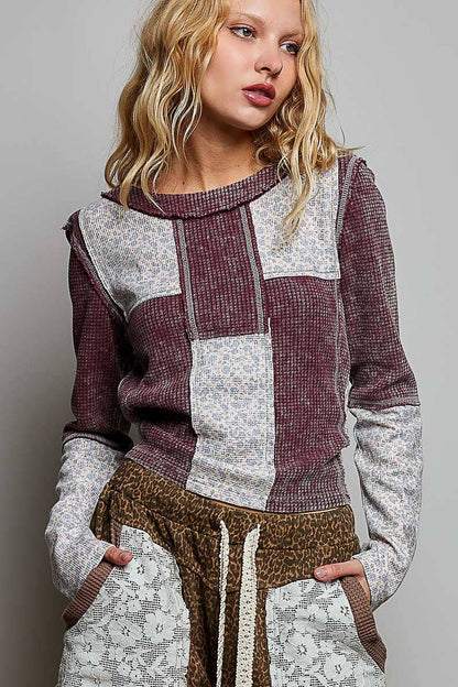 Waffle Knit Contrast Patchwork Top: BLOOD RED MULTI / M