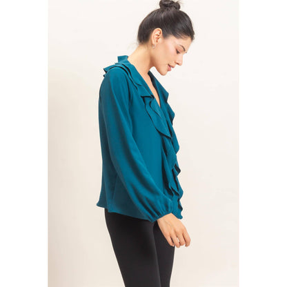 Ruffled V-Neck Button-Up Blouse: BLACK / S-M-L(2-2-2)