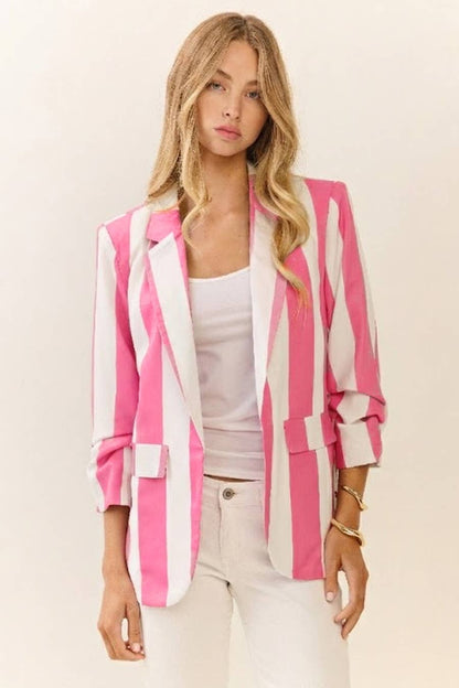 Vertical Stripe Relaxed Blazer: TOMATO WHITE / M