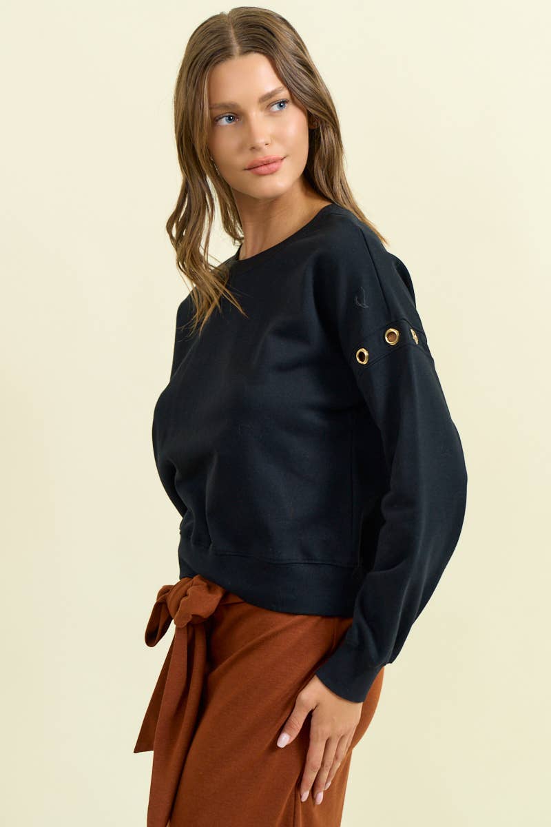 GROMMET DETAIL DROP SHOULDER SWEATSHIRT - 45312T: Black / L