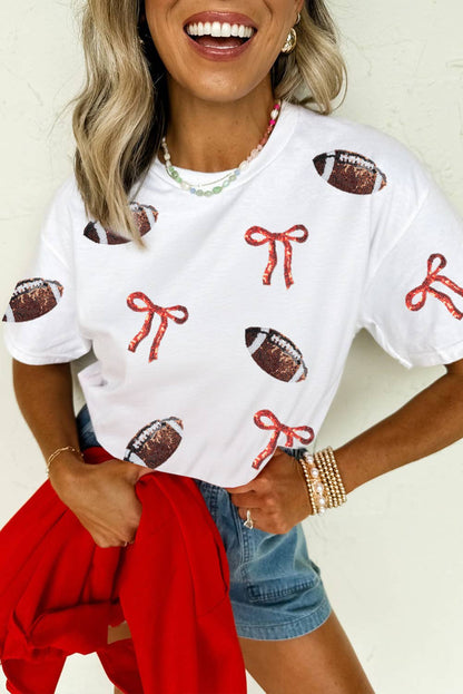 LDC Sequins Game Day Round Neck Short Sleeve T-Shirts: White / XL