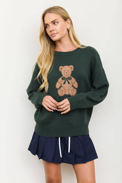 TEDDY JACQUARD CREW NECK KNIT PULLOVER SWEATER: CHARCOAL