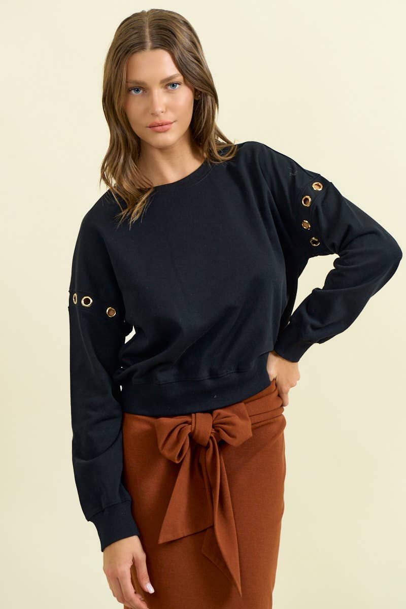 GROMMET DETAIL DROP SHOULDER SWEATSHIRT - 45312T: Black / S