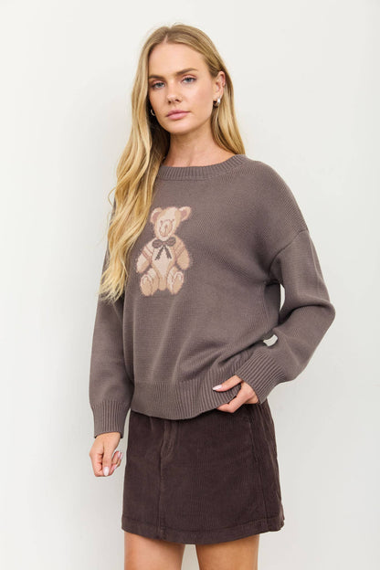 TEDDY JACQUARD CREW NECK KNIT PULLOVER SWEATER: CHARCOAL