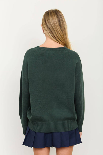 TEDDY JACQUARD CREW NECK KNIT PULLOVER SWEATER: CHARCOAL