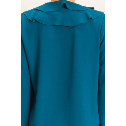 Ruffled V-Neck Button-Up Blouse: BLACK / S-M-L(2-2-2)