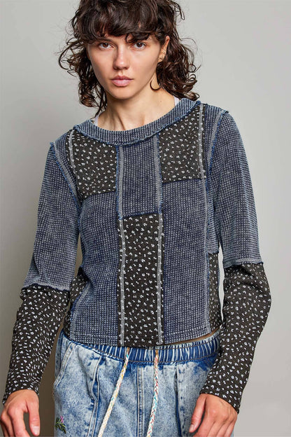 Waffle Knit Contrast Patchwork Top: BLOOD RED MULTI / M